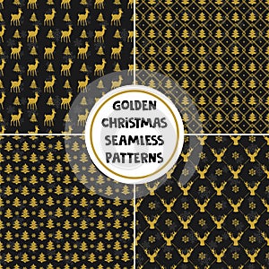 Set of seamless Christmas patterns with golden holiday elements on black background.